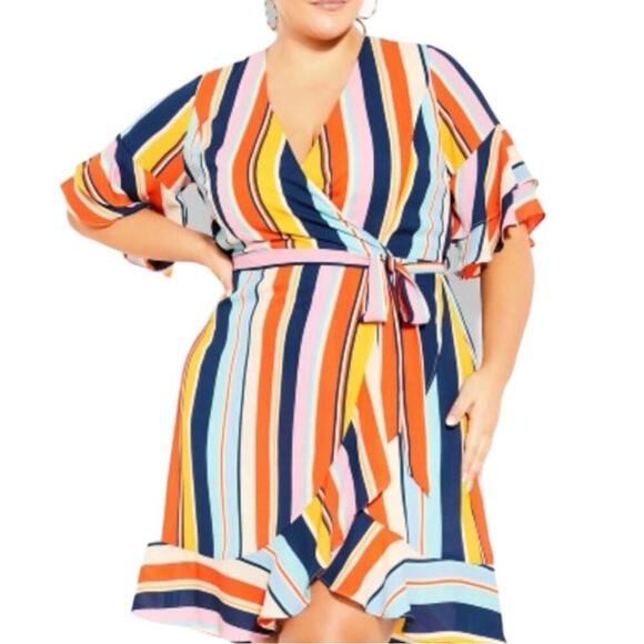 City Chic Wrap Dress Ruffle Sleeve Belted Pink Multi Stripe Women’s Plus Size 24 - Picture 1 of 14